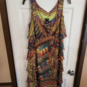 New Directions Brown and Yellow Ruffled Tiered Sundress